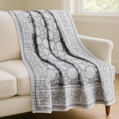 Levtex Home Adare Grey Quilted Throw - (50x60in.) - Floral - Grey White - Reversible - Cotton - color: Grey