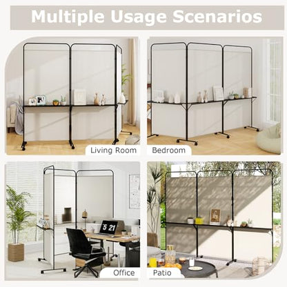 Giantex 3 Panel Room Divider with Wheels and Shelves, 103" W x 74" H Folding Privacy Screen, Rolling Partition Separator for Home Office Studio, Fabric Wall Divider for Room Separation (Beige) - color: Beige