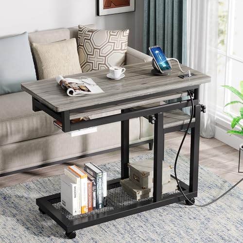 Tribesigns Small Portable Desk with Power Outlet, Height Adjustable Sofa Couch Bedside Laptop Table with Wheels, Mobile Standing Desk Rolling Computer Cart C Side Table with USB Ports - color: Grey