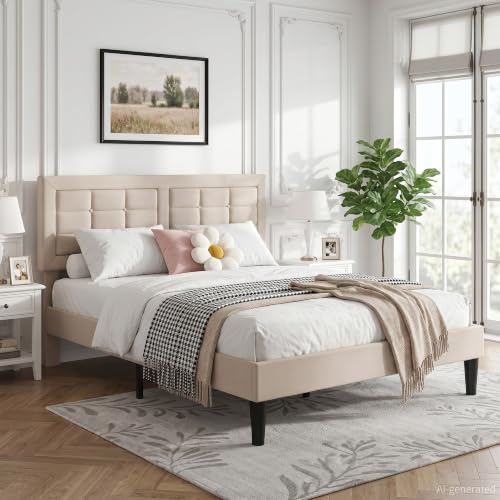 VECELO Full Size Bed Frame, Adjustable Upholstered Button Tufted Headboard, Heavy-Duty Bedframe with Wood Slats Support, No Box Spring Needed, Beige - color: Beige, size: Full, style: Bed Frame