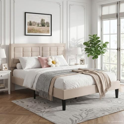 VECELO Full Size Bed Frame, Adjustable Upholstered Button Tufted Headboard, Heavy-Duty Bedframe with Wood Slats Support, No Box Spring Needed, Beige - color: Beige, size: Full, style: Bed Frame