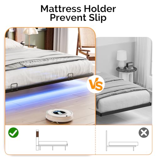 VINGLI King Size Floating Bed Frame with LED Lights and Charging Station, Cozy Hidden Storage Velvet Upholstered Headboard,No Box Spring Needed,Easy Assembly,Black - color: Industrial Brown, size: King