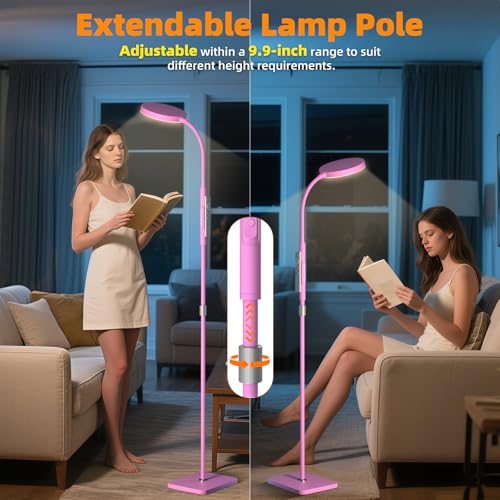 PACOVY 플로어 램프, 거실 침실용 높이 조절 가능한 플로어 램프, 120 LED 매우 밝은 스탠딩 램프 리모컨, 조도 조절 가능한 구즈넥 톨 스탠드 독서 램프, 사무실 공예용, 핑크 - color: 핑크