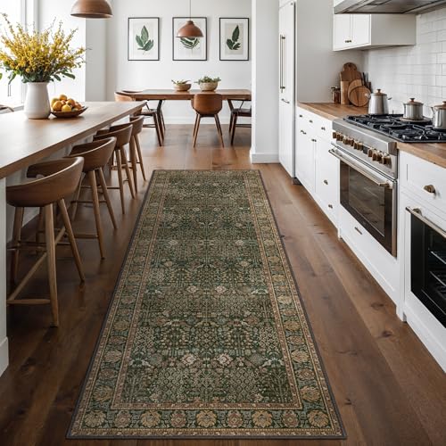 2x8 Kitchen Runner Rug, Washable Non Slip, Dark Green Brown | Vintage Floral, Spill Resistant, Lightweight Low Pile Carpet for Hallway, Bedroom, Laundry Room and Bathroom - color: Dark Green Brown, size: 2' x 8' (Rectangular)