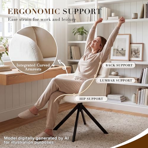 EALSON Comfy Velvet Desk Chair Modern Computer Task Chair no Wheels Swivel Accent Chair with Mid Back Arm Chair for Living Room/Bedroom/Home Office(Beige) - color: White