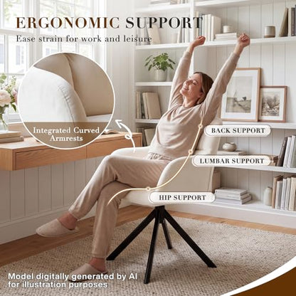 EALSON Comfy Velvet Desk Chair Modern Computer Task Chair no Wheels Swivel Accent Chair with Mid Back Arm Chair for Living Room/Bedroom/Home Office(Beige) - color: White