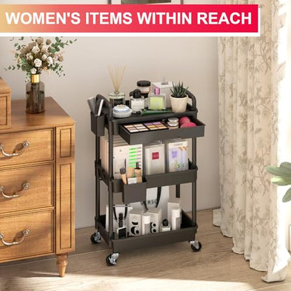 Goovilla 3 Tier Rolling Utility Cart Organizer with Removable Drawer, Black | Stable and Sturdy Rolling Storage Carts with 2 Lockable Wheels for Bathroom, Kitchen, Snack, Craft, Makeup, Baby Essentials - size: 3 Tier, style: Black
