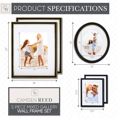 Mixed Gallery Wall Frame Set, (2) 16x20 Inch, (1) 11x14 Inch, and (2) 8x10 Inch, 5 Piece, Black/Gold with Oval - color: Black/Gold with Oval