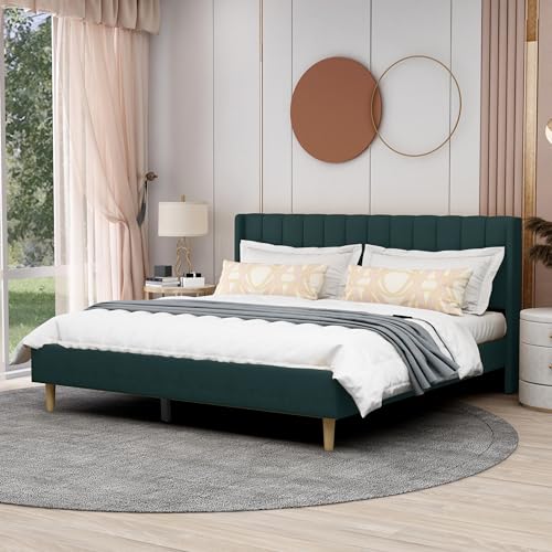 AGARTT Upholstered Platform Bed Frame King Size, Ink Green Velvet | Headboard and Footboard/Wooden Slats Support/No Box Spring Needed/Easy Assembly - color: Ink Green Velvet, size: King