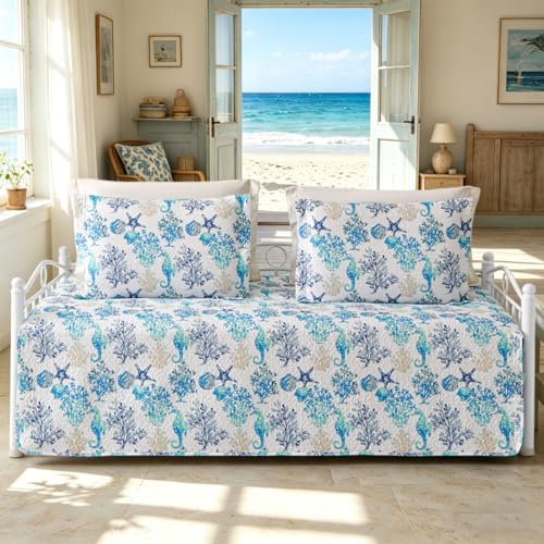 Jarson 3 Piece Beach Daybed Cover Set Twin Size Coastal Quilted Daybed Bedding Sets Double Side Cozy Ocean Sofa Daybed Cover with 2 Shams - color: Starfish Seahorse