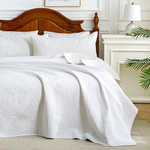White 100% Cotton King Size Quilt Bedding Set, 3 Pieces Modern Style Coin Pattern Bedspread, Soft Bed 100% Cotton Batting Coverlet, All-Season Quilted Comforter Bed Cover, 1 Bedspread, 2 Pillowcases - color: White, size: King