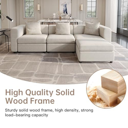 Velvet Sectional Sofa with 3 Pillows and Storage Ottoman, Convertible L-Shaped Couch with Cushions, 4 Seaters Couch for Living Room, Beige 103.5" L - size: 4 Seaters(With Ottoman)