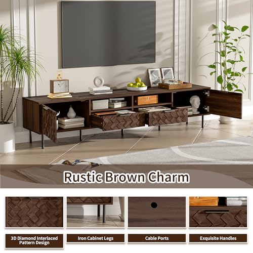 Modern TV Stand 78 inch for TVs up to 85 inch, Large Media Console with 3D Diamond Pattern and Cable Management for Living Room, Wood Entertainment Center with Soft-Closing Hinges, Dark Brown - color: Dark Brown-g