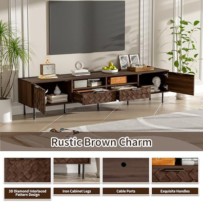Modern TV Stand 78 inch for TVs up to 85 inch, Large Media Console with 3D Diamond Pattern and Cable Management for Living Room, Wood Entertainment Center with Soft-Closing Hinges, Dark Brown - color: Dark Brown-g