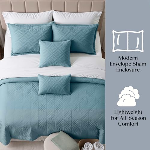 Clara Clark Quilts Twin Size - All Season Bedspread Coverlet Set, Pinsonic Weave Lightweight Bedding Set - 5 Piece Twin Quilt Set with Pillow Shams, Stone Blue - Twin Diamond - color: 24 – Stone Blue – Diamond, size: Twin