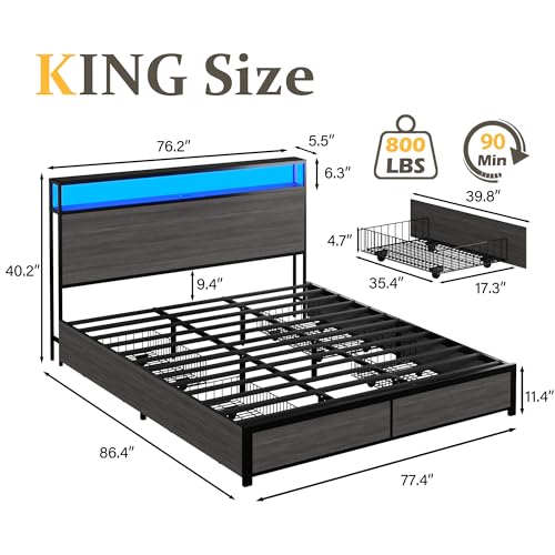 Lifezone King Bed Frame with 2-Tier Storage Headboard, Metal Platform Bed Frame with 4 Storage Drawers, Built in Charging Station & LED, Noise-Free/Metal Support/No Box Spring Needed, Rustic Grey - color: Rustic Grey, size: King