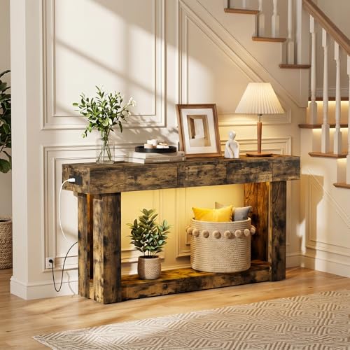 63'' Console Table with 3 Drawers and Open Storage, Entryway Table with Socket, LED Light and Hooks, Narrow Long Wood Sofa Table Behind Couch Table for Living Room, Hallway, Foyer, Brown - size: 63'' IN