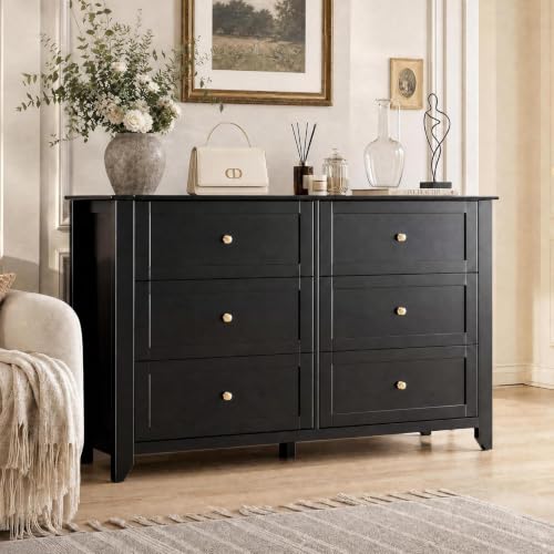 GarveeHome Black 6 Drawer Dresser for Bedroom | Simply Modern Chest of Drawers, Wood Storage Double Dresser with Deep Drawers for Living Room, Hallway Entryway - color: Black, size: 15.8"D x 54"W x 31.5"H (6 Drawers)
