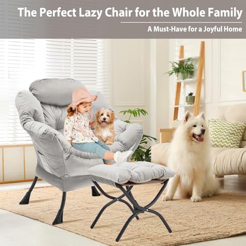 Youtanic Lazy Chair with Folding Ottoman, Accent Chair Velvet Upholstered with Metal Structure and Non-Slip Pads, Sofa Armchair with Footrest and Side Storage Bag for Dorm, Room, Office, Light Gray - color: Light Gray