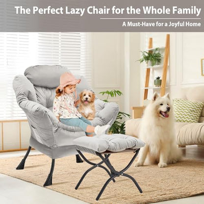 Youtanic Lazy Chair with Folding Ottoman, Accent Chair Velvet Upholstered with Metal Structure and Non-Slip Pads, Sofa Armchair with Footrest and Side Storage Bag for Dorm, Room, Office, Light Gray - color: Light Gray
