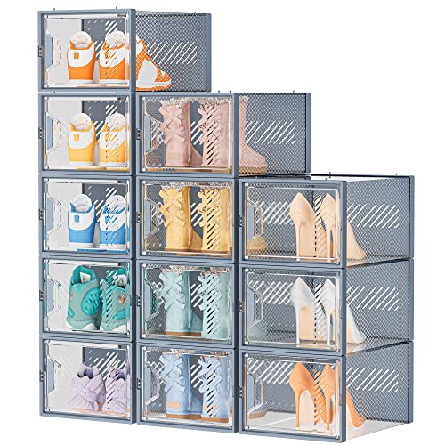 SIMPDIY XL Clear Shoe Storage Boxes, Stackable Shoe Organizer for Closet | 12 Pack, for Size 13, Magnetic Door, Aromatherapy Stick, Plastic, Shoe Rack for Closet, Entryways, Under-bed Storage - color: Grey