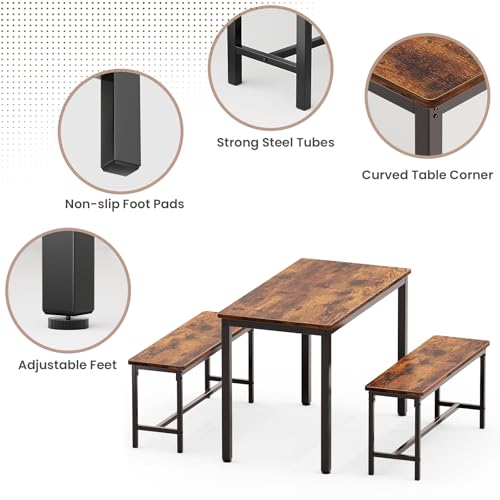 Dining Table Set for 4, Kitchen Table with 2 Benchs, Brown | Modern Functional 3 Piece Space-Saving Dining Room Table Set for Apartment, Breakfast Nook, Small Space - color: Brown