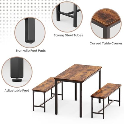 Dining Table Set for 4, Kitchen Table with 2 Benchs, Brown | Modern Functional 3 Piece Space-Saving Dining Room Table Set for Apartment, Breakfast Nook, Small Space - color: Brown