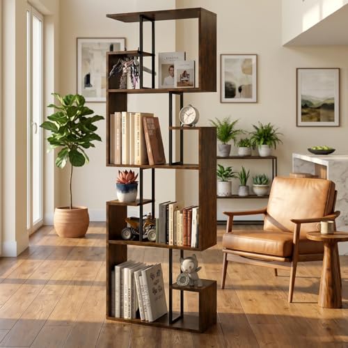Manora Industrial Geometric Bookshelf, 4 Tier Tall Bookcase with Open Display Shelves, Rustic Brown Freestanding Storage Organizer for Living Room, Bedroom, Home Office - color: Rustic Brown, size: 4 Tier