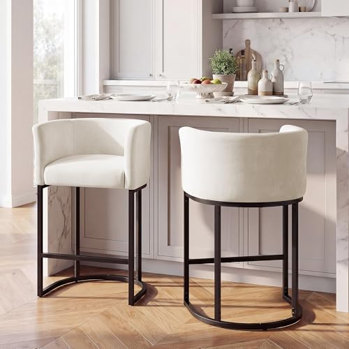 GRUSIGN Chenille 카운터 높이 바 스툴 2개 세트, 66cm(26인치) 주방 아일랜드 스툴, 팔 및 발판 포함, 주방, 다이닝룸, 바 및 라운지 공간용 덮개를 씌운 배럴 백 바 의자, 오프 화이트 - color: 오프 화이트, size: 2개 세트