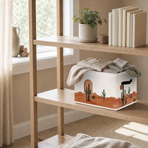 Boho Southwest Cactus Cube Storage Bins, Vinatge Western Collapsible Storage Boxes with Handles, Southwestern Boho Sun Organizer Bins for Laundry Bedroom Living Room, 14.2x10.6x10.6in