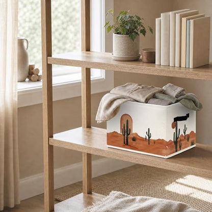 Boho Southwest Cactus Cube Storage Bins, Vinatge Western Collapsible Storage Boxes with Handles, Southwestern Boho Sun Organizer Bins for Laundry Bedroom Living Room, 14.2x10.6x10.6in