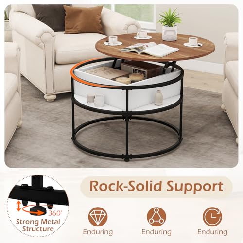 Tangkula Lift Top Coffee Table, 31.5” Round Center Table with Hidden Compartment & Side Shelves, 2-Tier Small Accent Cocktail Table for Small Spaces, Living Room, Apartment (Brown & White) - color: Brown & White