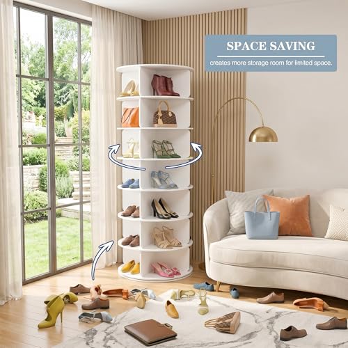 Cushore 7 Tier Rotating Shoe Rack Tower, 360° Spinning Shoe Display Lazy Susan, Tall Revolving Shoe Storage Round Carousel, White - size: 24Inch