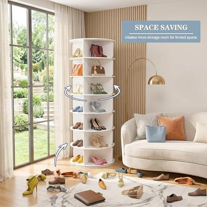 Cushore 7 Tier Rotating Shoe Rack Tower, 360° Spinning Shoe Display Lazy Susan, Tall Revolving Shoe Storage Round Carousel, White - size: 24Inch