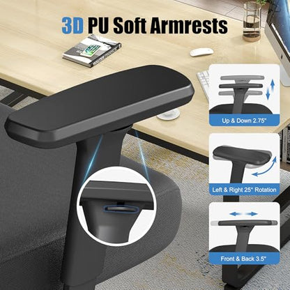 Ergonomic Office Chair with Footrest – Adjustable Lumbar Support, 3D Armrests & Headrest, Wide-Seat High-Back Mesh Computer Chair with Casters, Suitable for Home & Office, Black - style: with Footrest