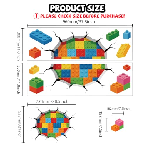 Hole in Wall Building Blocks Wall Decals, Wall Stickers Decor | 2 Sheets 11.8"x37.8" Vinyl Removable Peel and Stick Murals, Plant Decor for Bedroom, Bathroom, Office, Classroom & Home - style: Hole in Wall Building Blocks