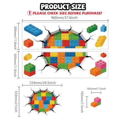 Hole in Wall Building Blocks Wall Decals, Wall Stickers Decor | 2 Sheets 11.8"x37.8" Vinyl Removable Peel and Stick Murals, Plant Decor for Bedroom, Bathroom, Office, Classroom & Home - style: Hole in Wall Building Blocks