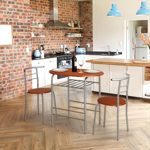 VINGLI 3 Piece Dining Set, Small Kitchen Table Set for 2, Breakfast Table Set, Kitchen Wooden Table with 2 Chairs for Small Space/Dining Room/Apartment, Metal Frame, Wine Rack, Russet - color: Russet