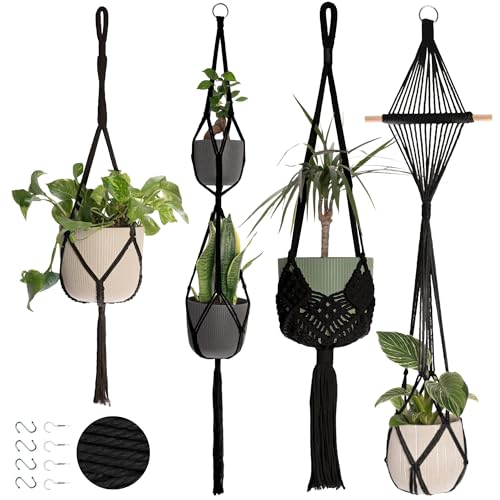 4-Pack Macrame Plant Hangers with 8 Hooks - Hanging Planters for Indoor Plants, Boho Macrame Hangers Indoor Outdoor, Decorative Plant Hanger Indoor (Black) - color: 4-pack Black