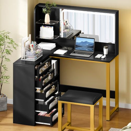 YITAHOME 48" Vanity Desk Set | Makeup Vanity with Mirror and Lights, 3 Lighting Modes - color: Ebony Black