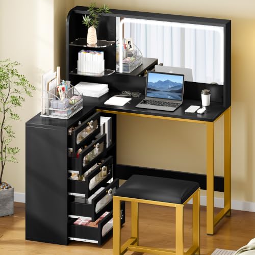 YITAHOME 48" Vanity Desk Set | Makeup Vanity with Mirror and Lights, 3 Lighting Modes - color: Ebony Black