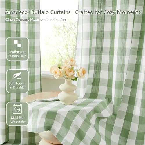 Amzdecor Buffalo Plaid Grommet Curtains 95 Inch Length,Semi-Sheer Check Textured Curtains Drapery for Living Room Bedroom Farmhouse,2 Panels （40" x 95",Sage Green & White） - color: Green/White, size: 40"W x 95"L (Pack of 2)