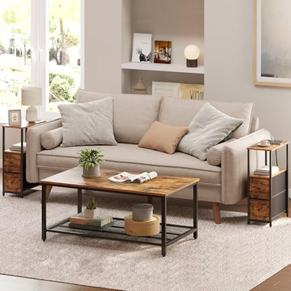 TUTOTAK Narrow End Table with Charging Station, Skinny Side Table | Bedside Table with Outlets, Nightstand with 2 Cloth Drawers, Couch Table for Living Room, Bedroom, Brown TB01BB055 - color: Brown, style: 2 Drawers & Plug