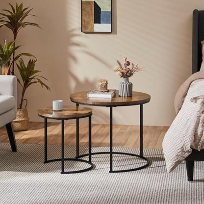 Yaheetech Small Round Nesting Coffee & Side Table Set of 2, Rustic Brown | Space-Saving Nesting Design, Engineered Wood Tops on Black Metal Frames, Use Apart as End Tables, Easy Assembly, 99 lb Max - color: Rustic Brown