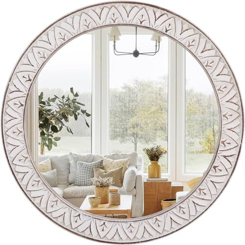 Rustic Round Wood 36 Inch Farmhouse Mirror, Wall Mount, Framed, White, Flower White, Modern & Rustic Style, Decorative Wall Mirror for Living Room, Bedroom, Entryway, Bathroom - color: Flower White, size: 36"L x 36"W