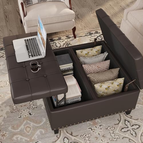 FiveWillowise 31.5 Inch Large Square Ottoman with Storage,Faux Leather | Coffee Table Storage Ottoman Bench with Lift Top Upholstered Footrest Stool Toy Box for Bedroom Living Room,Chocolate - color: Chocolate