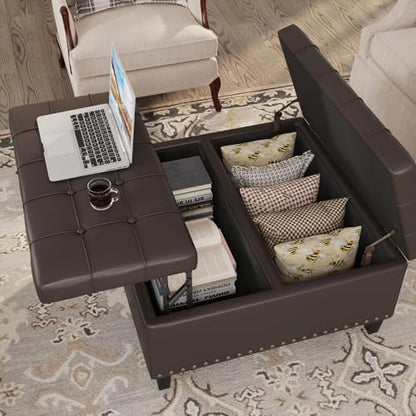 FiveWillowise 31.5 Inch Large Square Ottoman with Storage,Faux Leather | Coffee Table Storage Ottoman Bench with Lift Top Upholstered Footrest Stool Toy Box for Bedroom Living Room,Chocolate - color: Chocolate