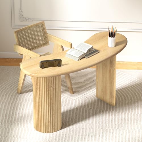 LEVNARY 54.3" Curved Small Computer Desk, Wooden Executive Desk with Sturdy Fluted Legs, Modern Luxury Corner Single Writing Vanity Desk for Bedroom Living Room Home Office (Natural)