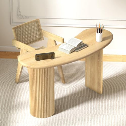 LEVNARY 54.3" Curved Small Computer Desk, Wooden Executive Desk with Sturdy Fluted Legs, Modern Luxury Corner Single Writing Vanity Desk for Bedroom Living Room Home Office (Natural)