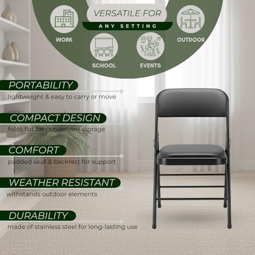 Pack of 2 (Fabric/Vinyl) Steel Frame Metal Foam Padded Folding Chairs (Black, Gray, White) (2-Pack - Vinyl Black) - color: 2-pack - Vinyl Black